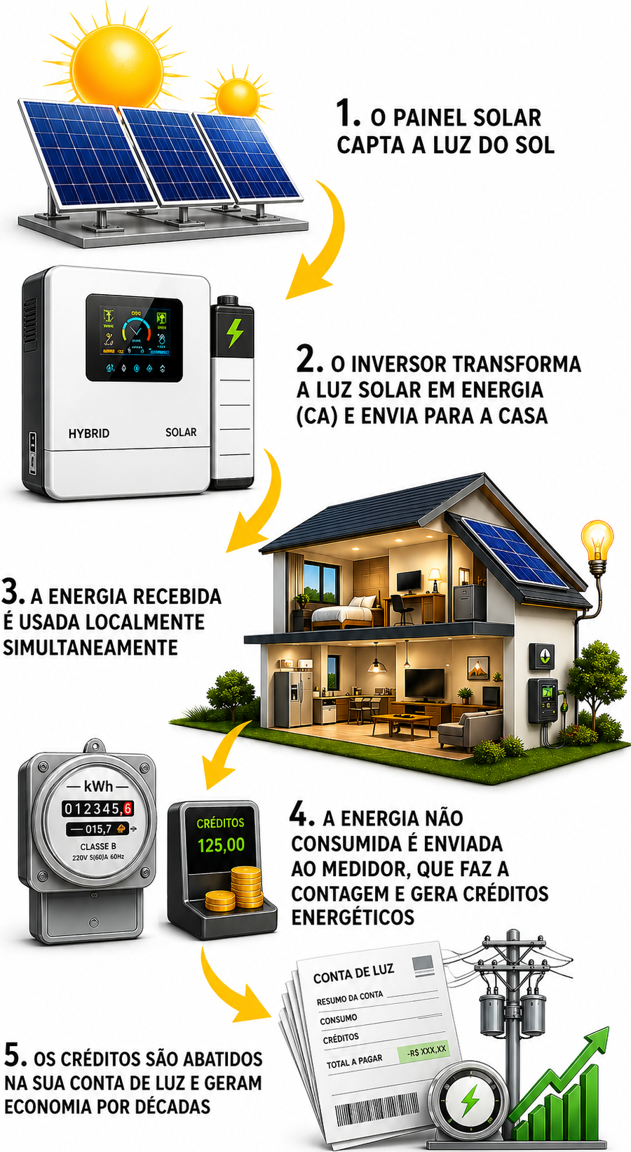Ilustração explicando o funcionamento da energia solar