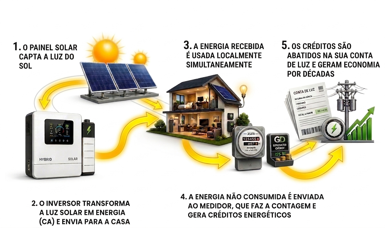 Ilustração explicando o funcionamento da energia solar